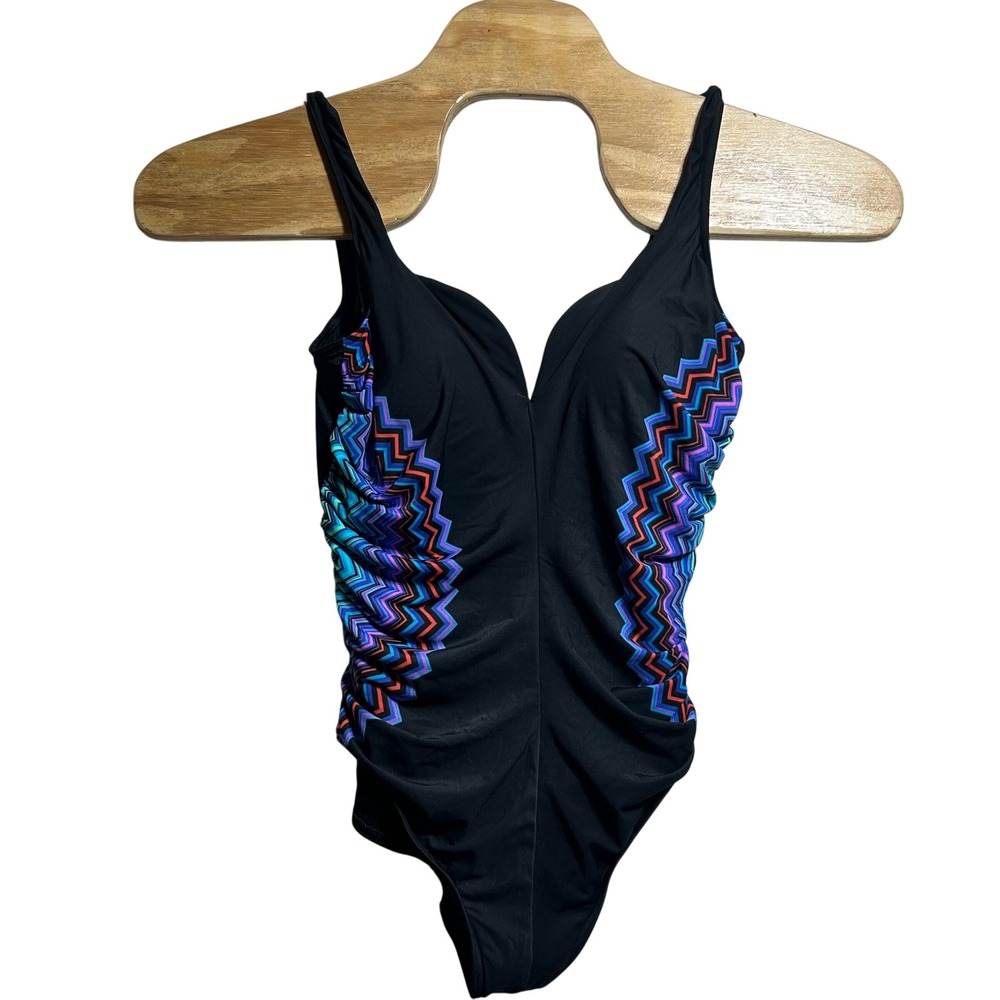 Miraclesuit Temptress One Piece Swimsuit Black Geometric‎ Zigzag Size 14 6518030